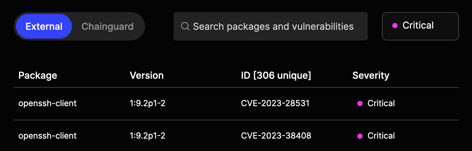 An image showing the official Docker Nodejs image having two critical OpenSSH Client vulnerabilities.