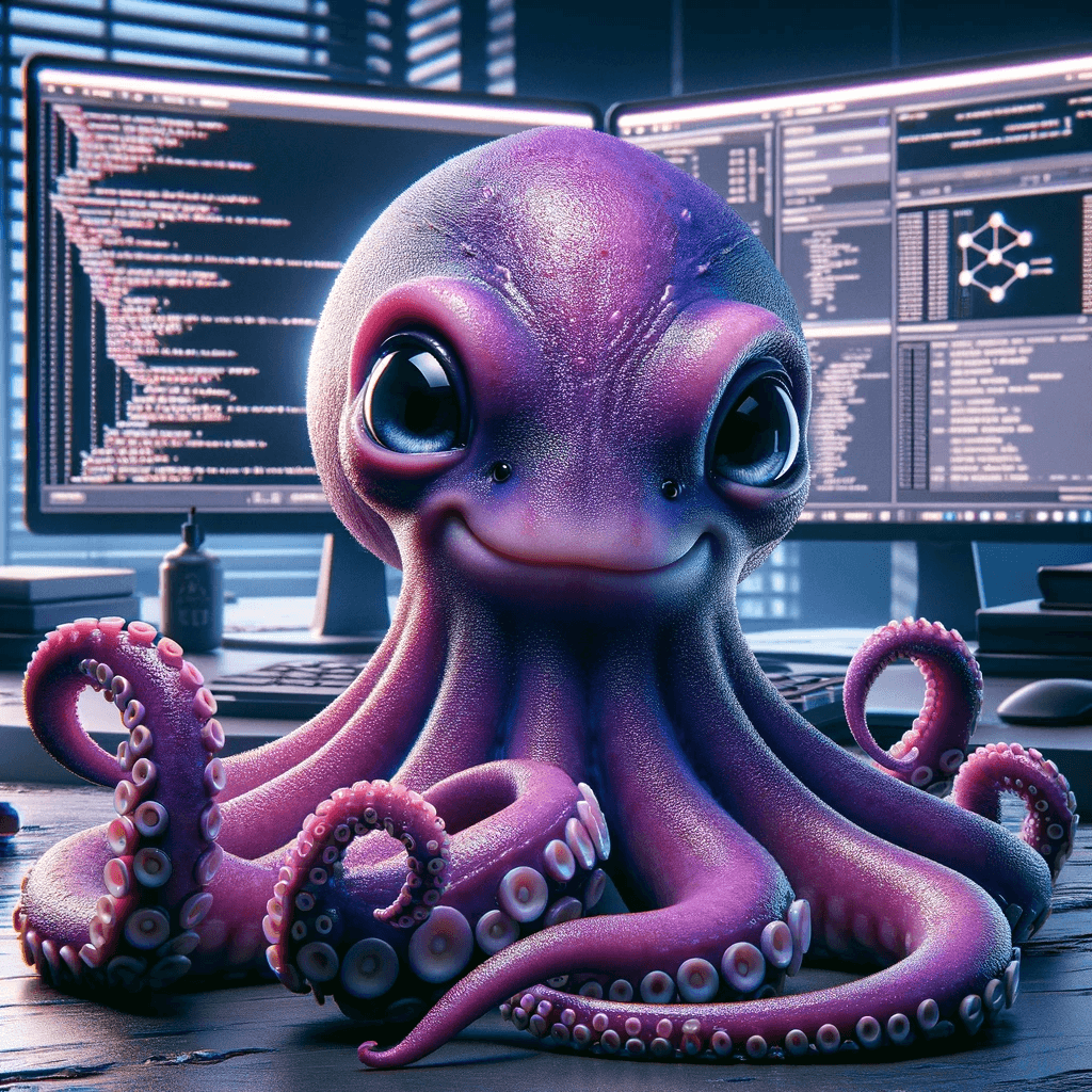 Intelligent purple octopus in front of a modern computer setup who is an expert in software supply chain security, made with Dall-E 3.