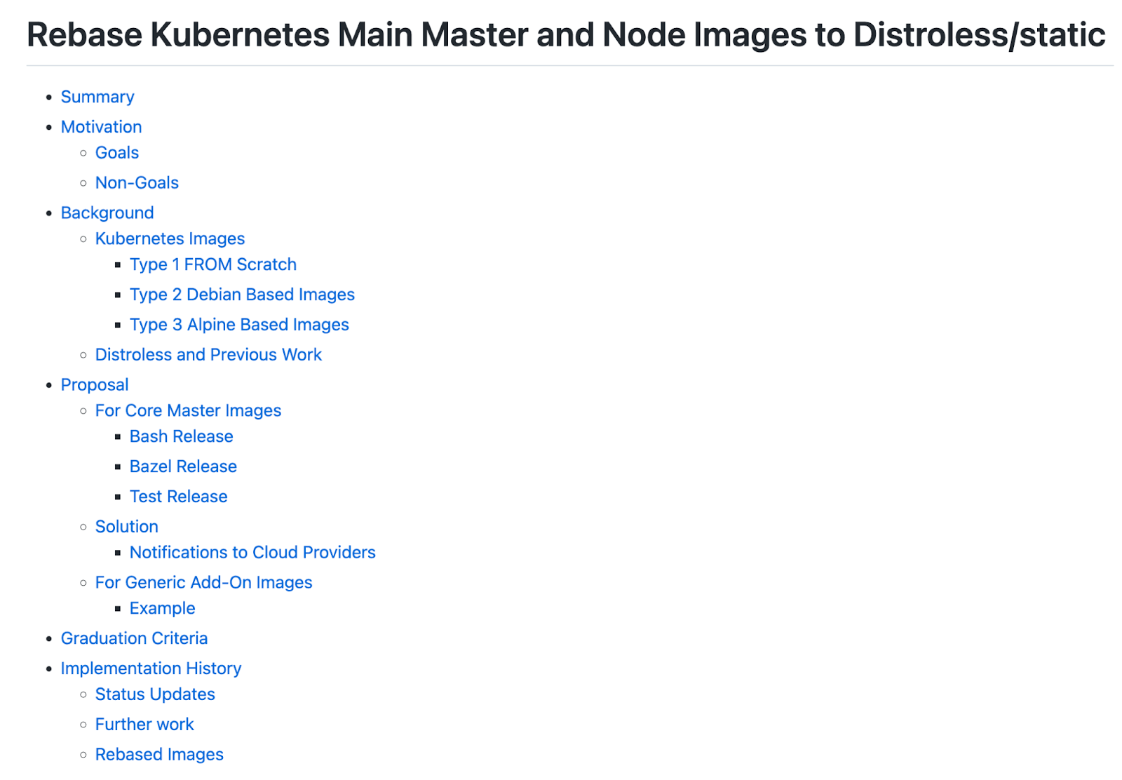 Image of TOC of "Rebase Kubernetes Main Master and Node Images to Distroless/static."