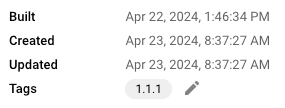 Screenshot of build metadata including: built, created, updated, tags.