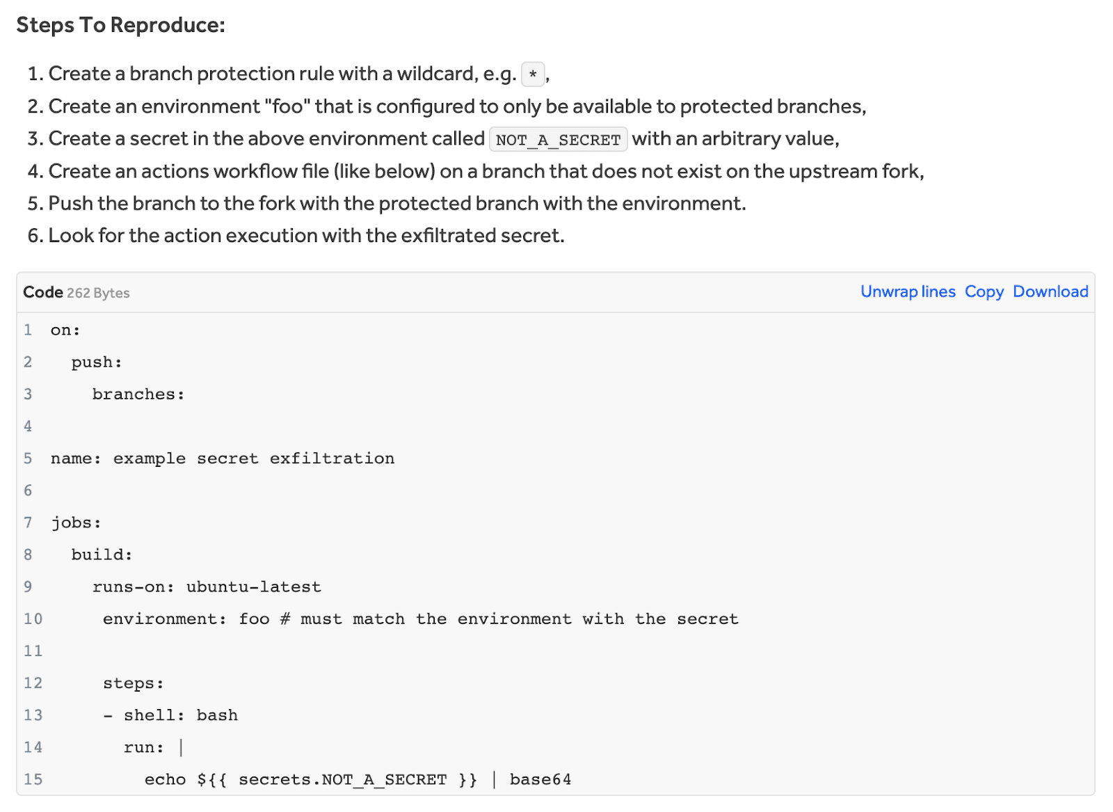 Image showing full reproduction steps for GitHub.