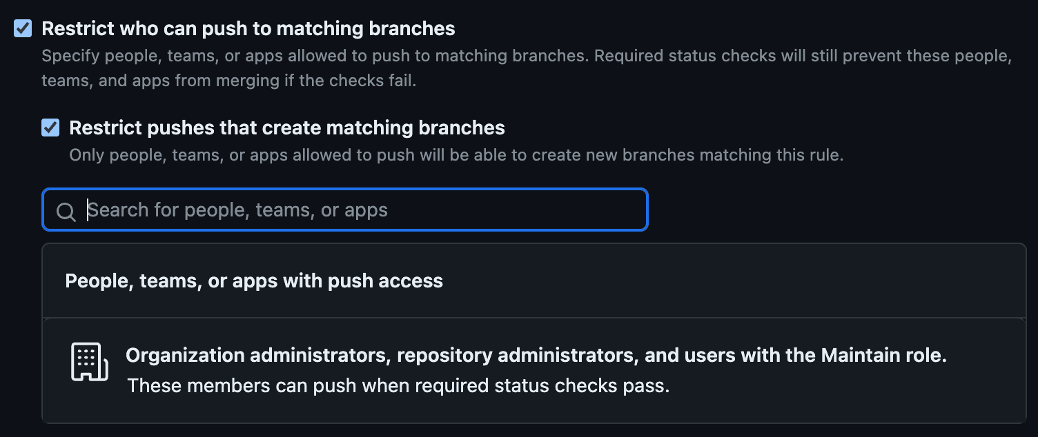 Image showing subtle text differences between what is displayed for existing branch protections (this image) and  new branch protections (previous image).