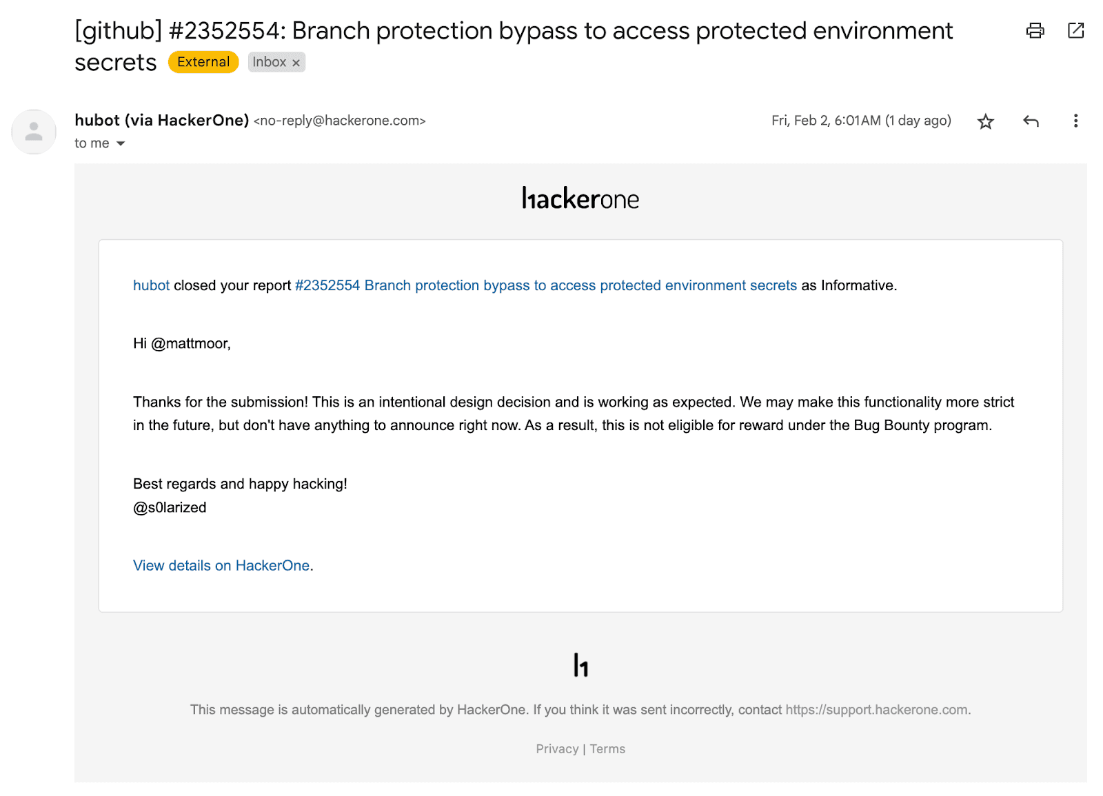 Image showing hackerone's response to raising this issue.