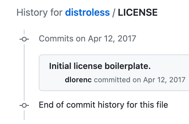 Image of history of distroless license on April 12, 2017.