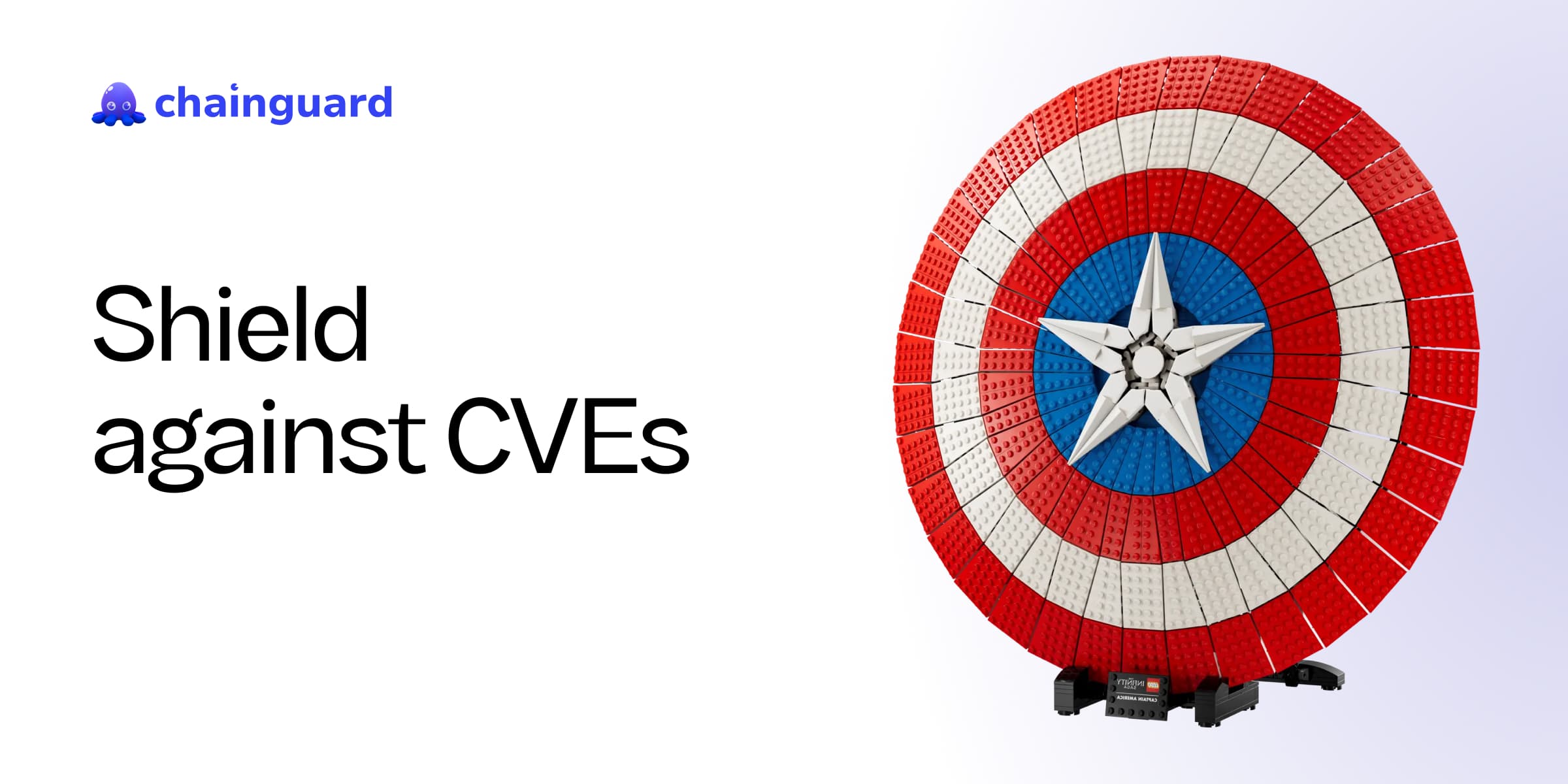 Image showing raffle prize — Captain America shield — with Chainguard logo and text: Shield against CVEs.