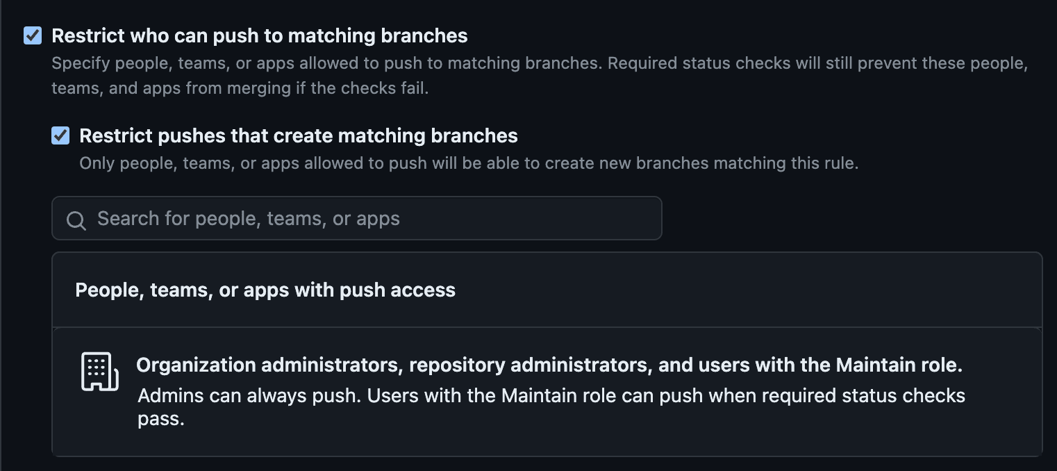 Image showing subtle text differences between what is displayed for new branch protections (this image) and existing branch protections (next image).