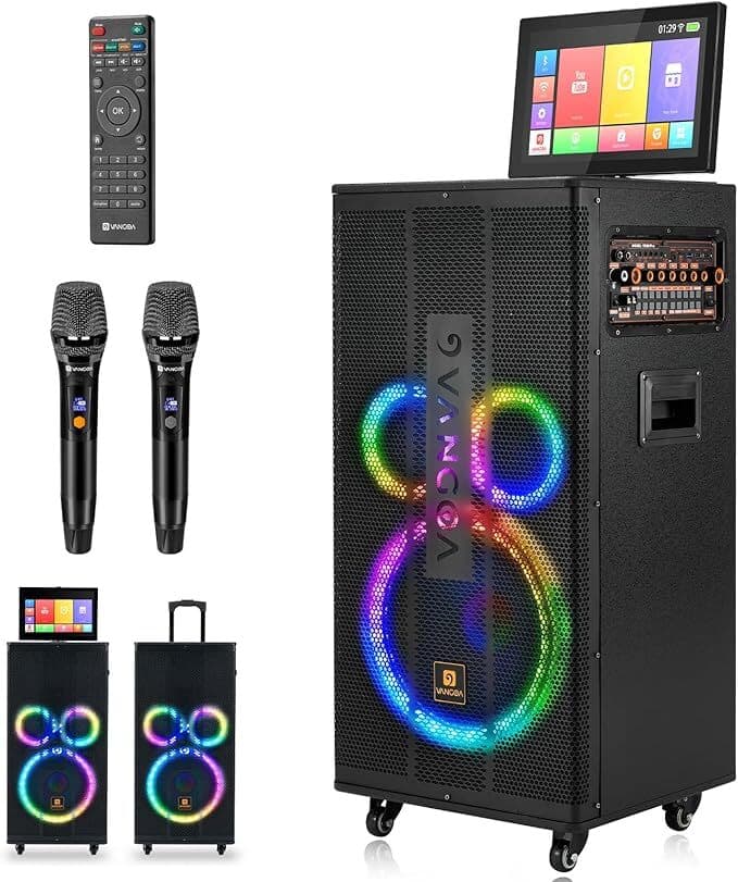 A karaoke machine with microphones, a speaker, a remote, and more.