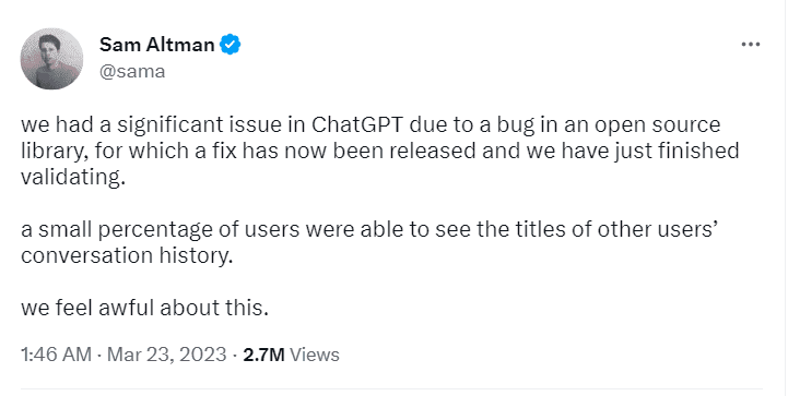 An image of a tweet by Sam Altman casting blame on an open source library for a security exposure in ChatGPT.