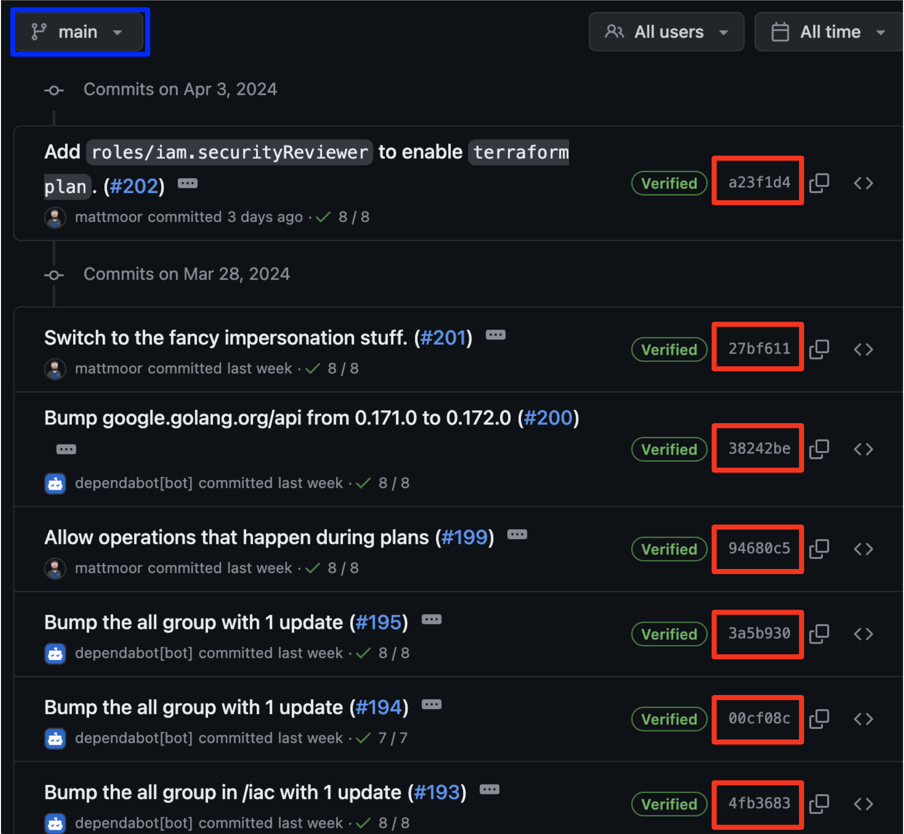 Screenshot of how the SHA1 commit hashes in Git work, the commit hashes (in red) become the names of immutable points in time along a branch (in blue).